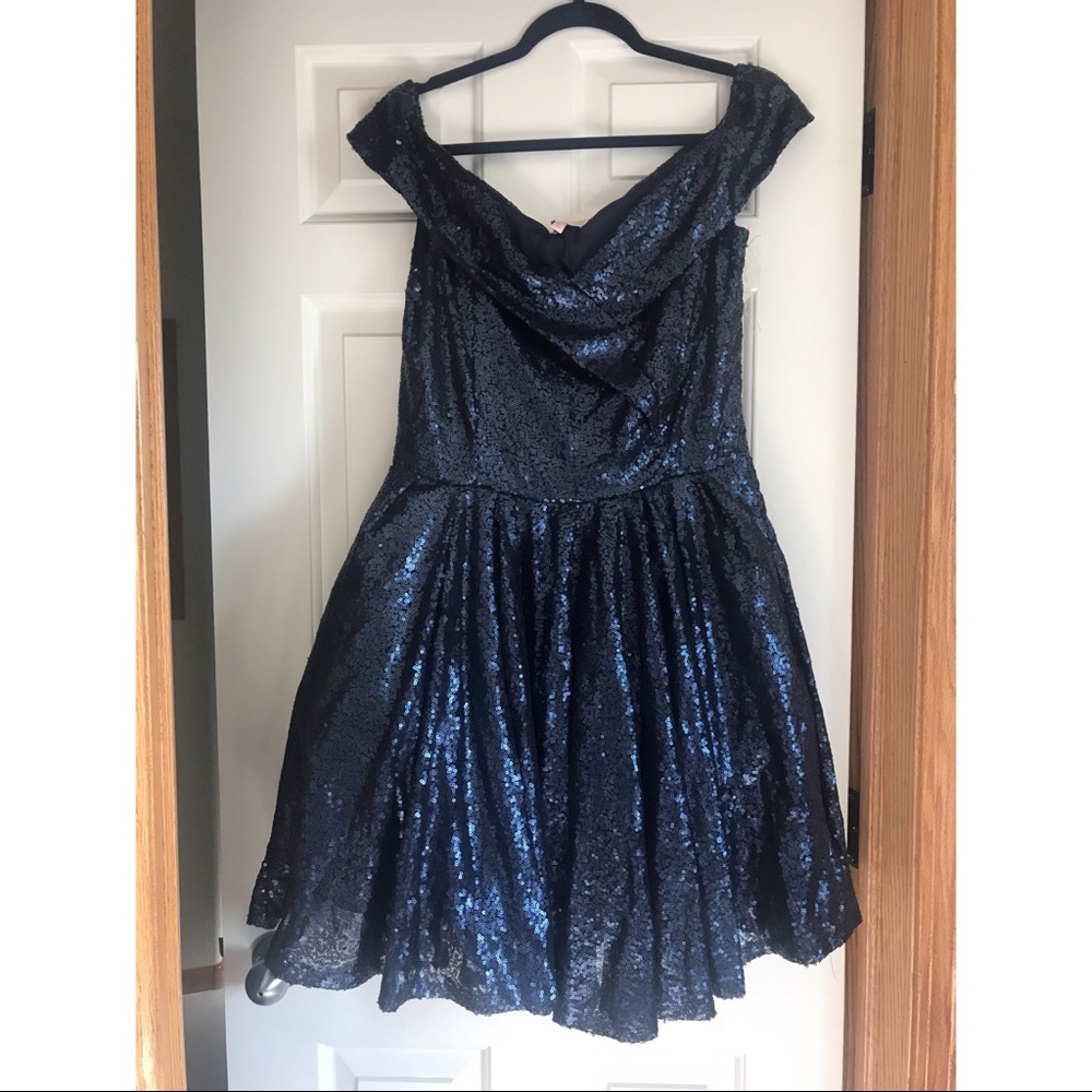 Navy sequin off the shoulder dress